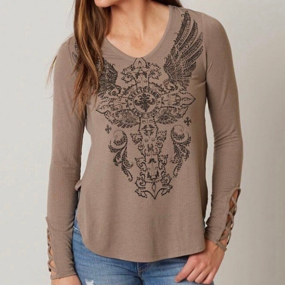 Affliction Taupe Long Sleeve Tee with Black Design